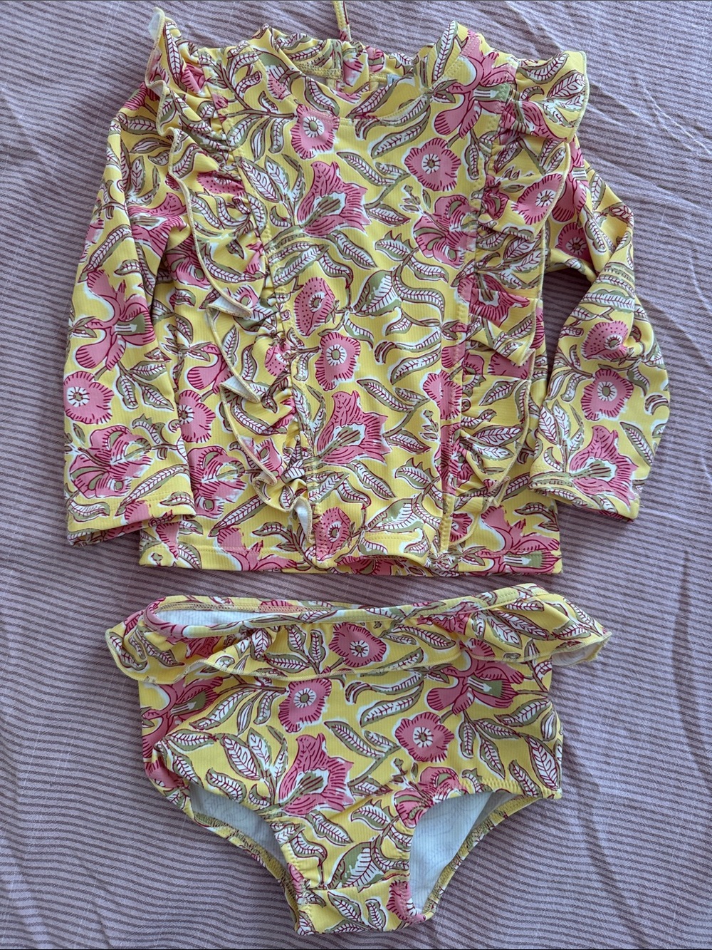 Babies' Yellow & Pink Floral Rashguard Set - Long Sleeve Swim Top & Bottoms